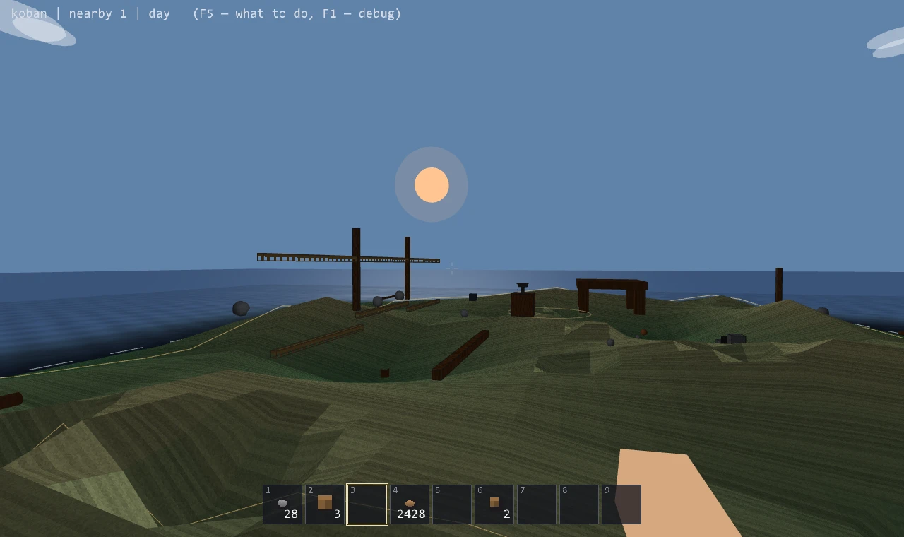 The island by day: beds, posts and a fence above the water